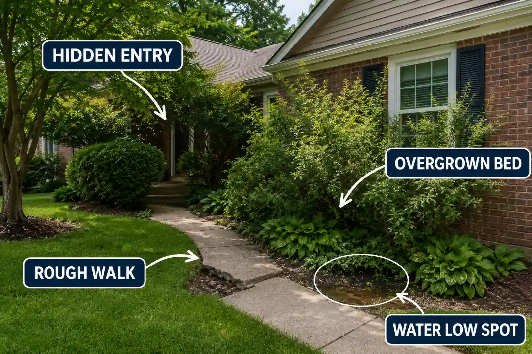 Front yard overlay showing hidden entry, rough walkway, water low spot, and overgrown bed as home value risk signals.