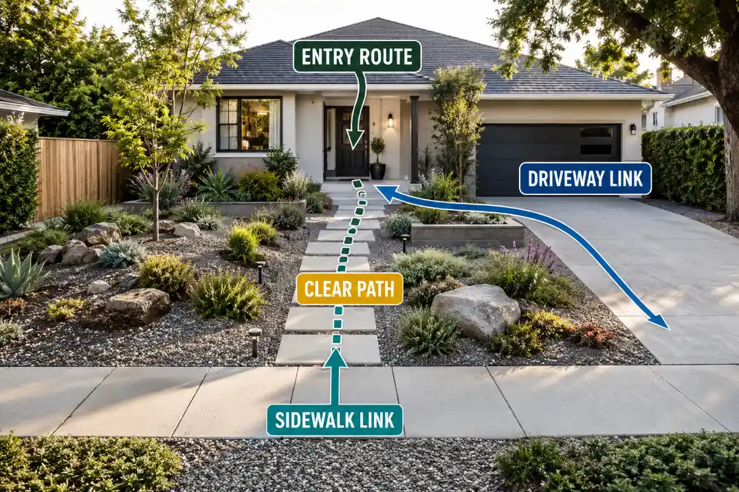 Lawn-free front yard with overlay arrows showing a clear entry route from the sidewalk and driveway to the front door.
