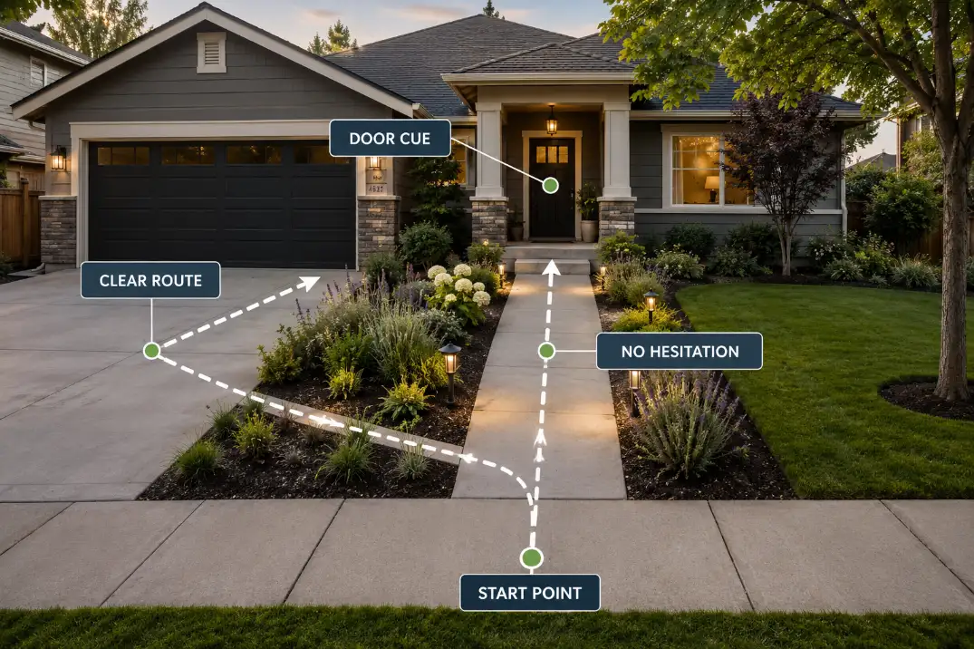 Front yard walkway map showing clear route cues from the sidewalk and driveway to the front door.