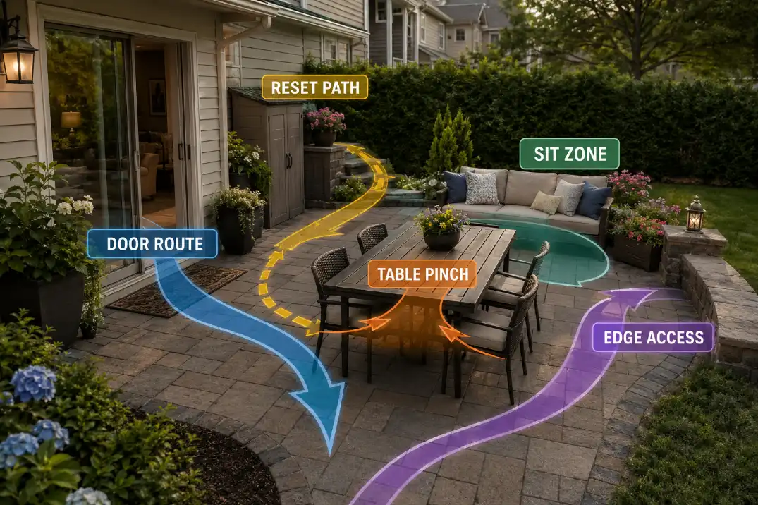 Patio use loop map showing door route, seating, table pinch point, edge access, and reset path.