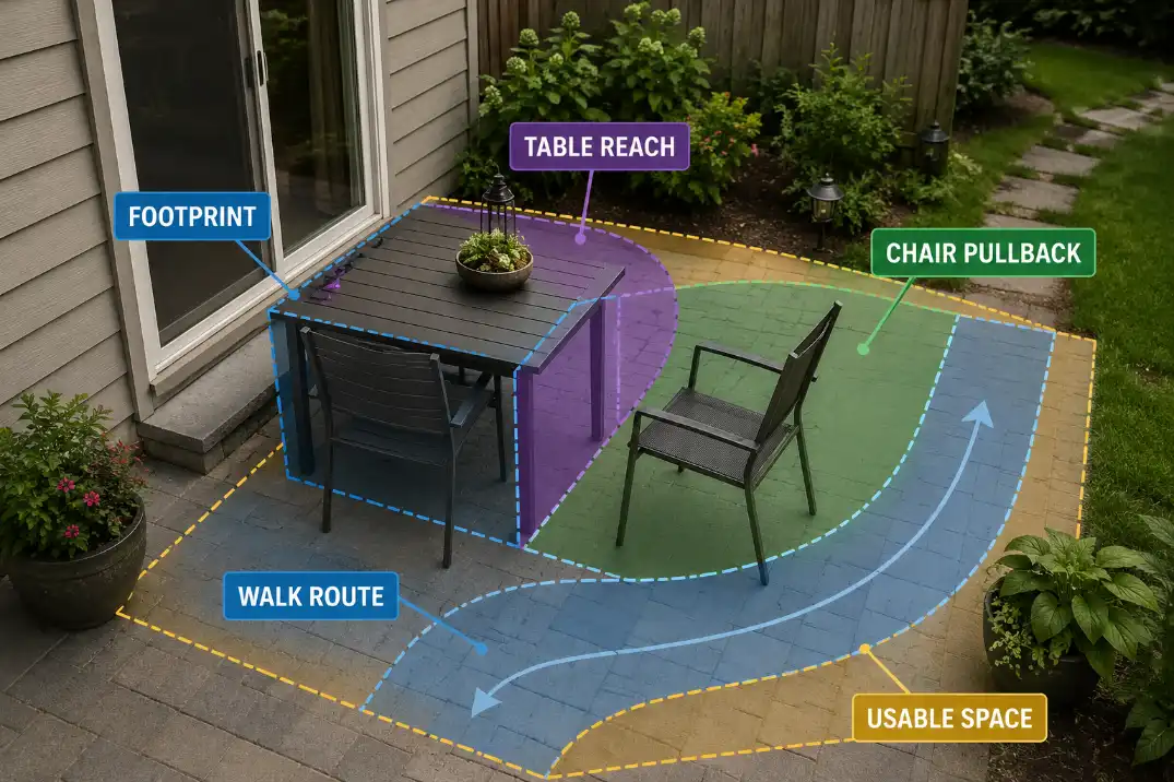Small patio overlay comparing furniture footprint with chair pullback, table reach, walking route, and usable space.