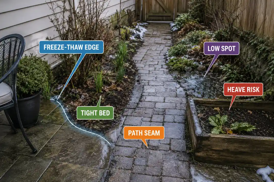 Small garden path and bed edge showing freeze-thaw risk at low spots, seams, and tight planting edges.
