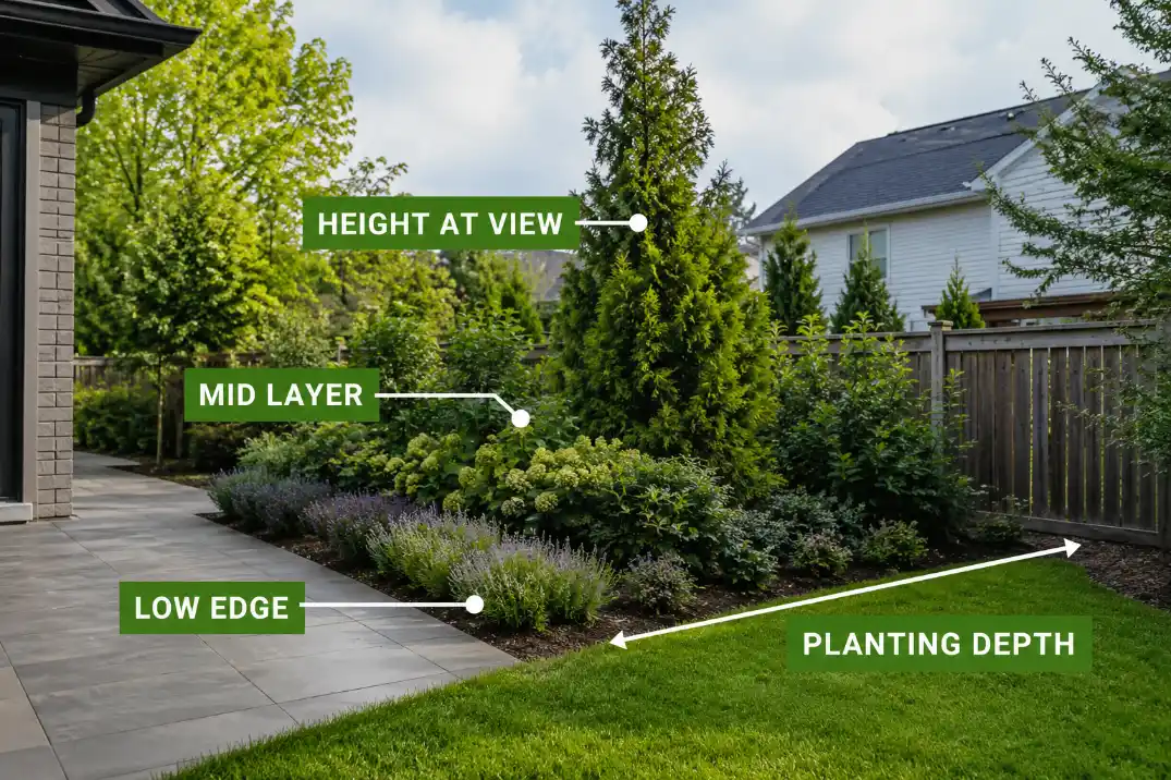 Layered privacy buffer showing low edge planting, mid shrubs, height placement, and planting depth.