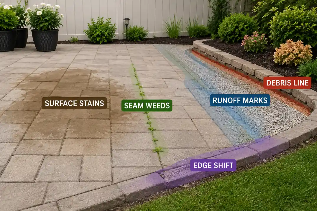 Hardscape-heavy garden overlay showing stains, seam weeds, runoff marks, edge shift, and debris lines.