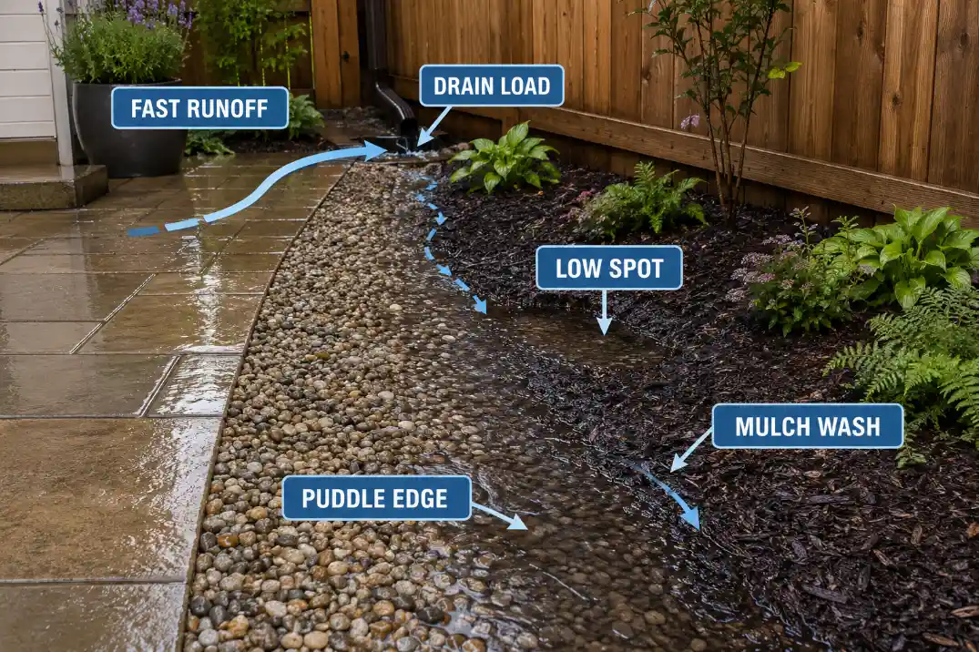 Small lawnless garden after rain showing fast runoff, mulch wash, puddle edges, and drain load.