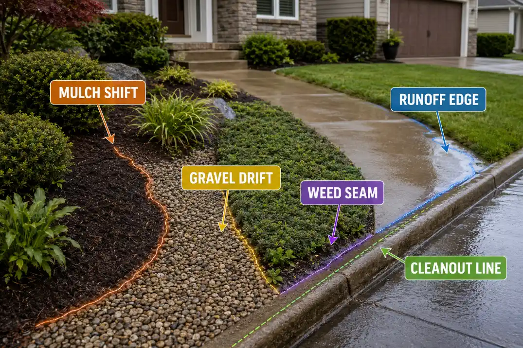 Front yard overlay showing entry route, driveway edge, foundation bed, curb strip, and service access maintenance zones.