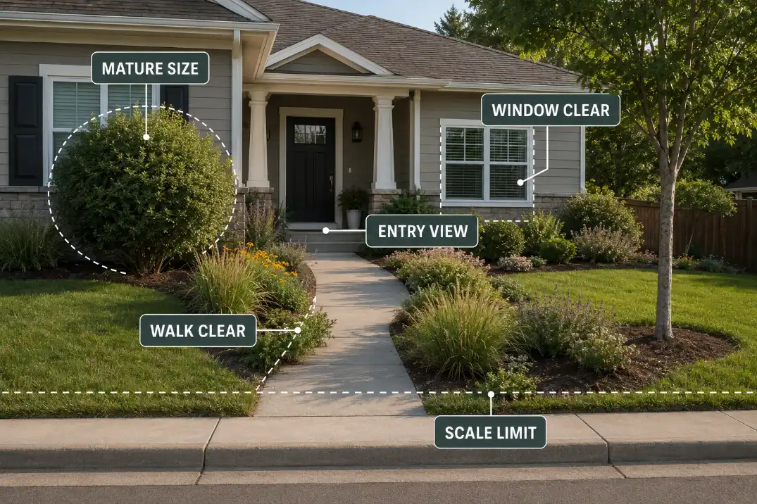 Front yard overlay showing mature native plant size near windows, walkway clearance, entry view, and scale limits.