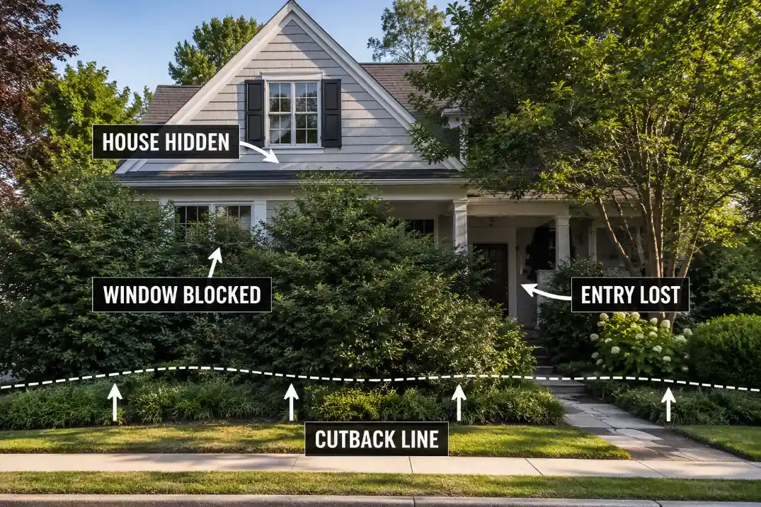 Overgrown shrubs hiding windows and the front entry instead of framing the house.