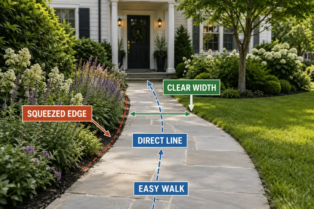 Front yard walkway comparison showing how clear width and direct alignment make the walk feel easier.