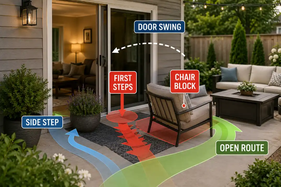 Patio door route diagnosis showing a chair blocking the first steps from a sliding glass door.
