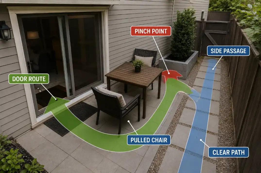 Small patio door route map showing a pulled chair, side passage, pinch point, and clear walking path.