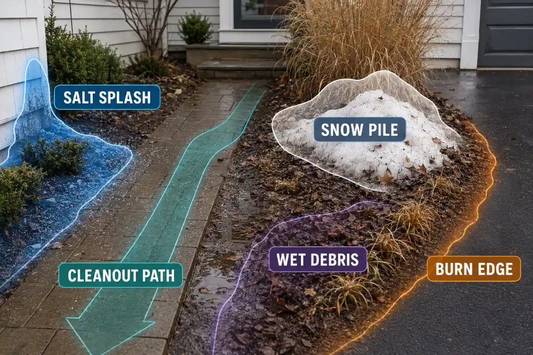 Compact garden edge showing salt splash, snow pile residue, wet debris, and the cleanout path.