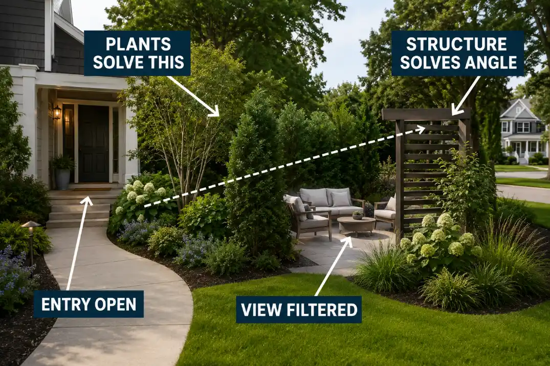 Privacy buffer diagram showing plants solving broad views and a partial structure filtering a tight angle.