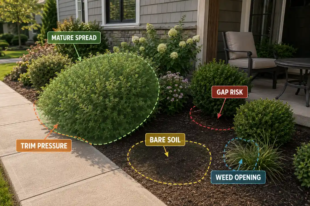 Garden overlay showing mature spread, trimming pressure, bare soil, plant gaps, and weed openings.