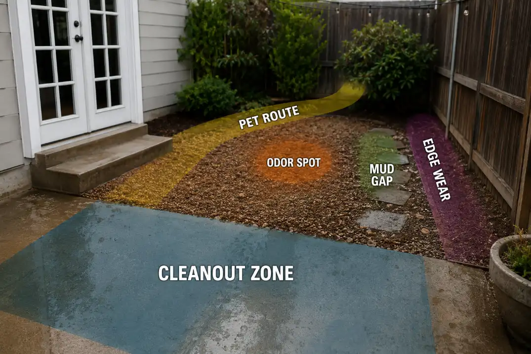 Small no-lawn garden showing concentrated pet route, odor spot, mud gap, edge wear, and cleanout zone.