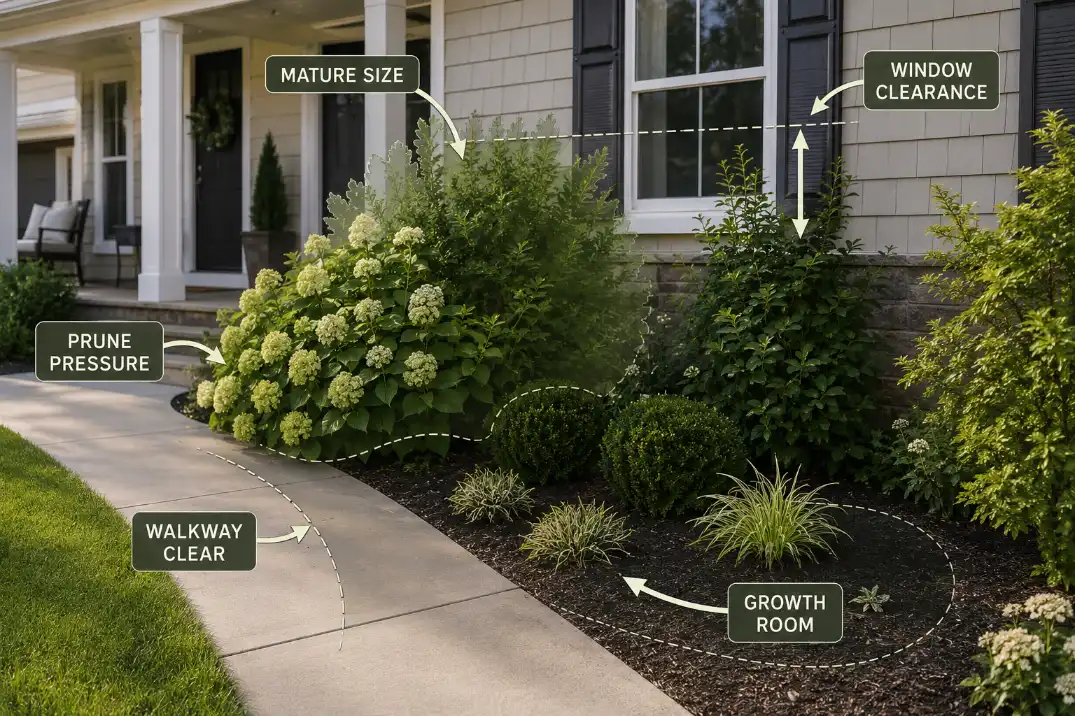 Front yard foundation planting showing mature shrub size, pruning pressure, window clearance, walkway clearance, and growth room.