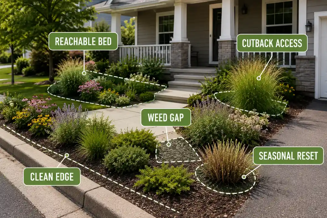 Native front yard planting overlay showing reachable beds, clean edges, cutback access, weed gaps, and seasonal reset points.