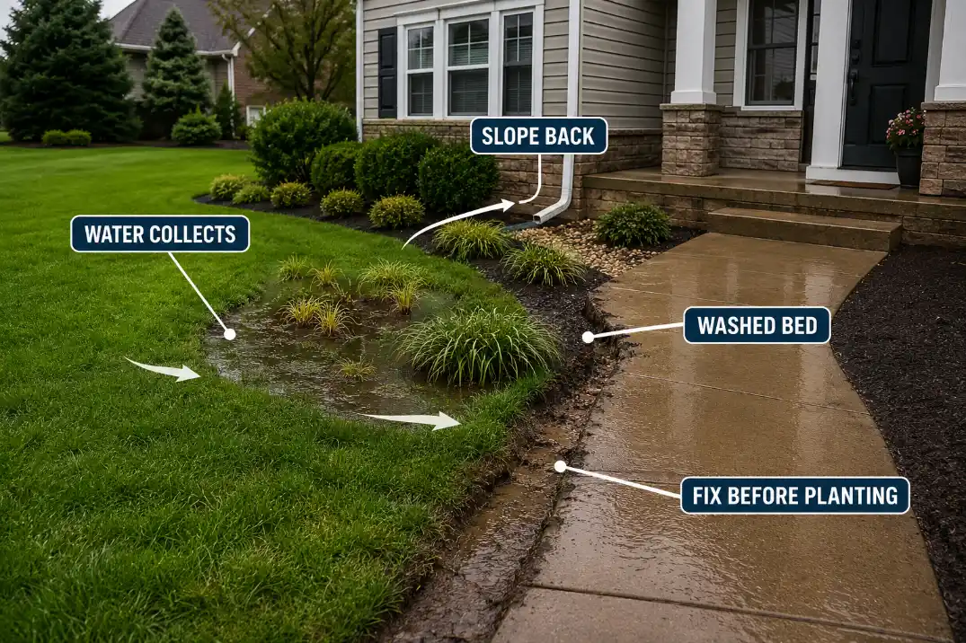 Front yard drainage overlay showing water collecting, washed mulch, and slope sending runoff toward the house.