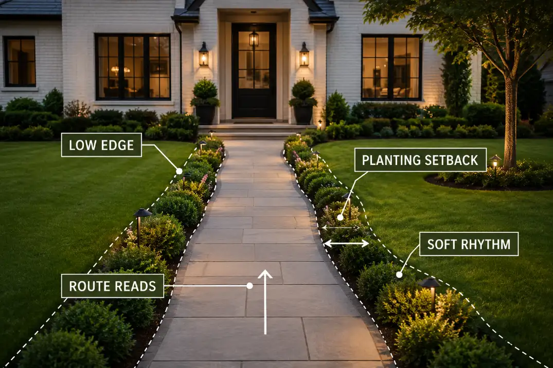 Front walkway with low planting setback and repeated edge rhythm guiding the route to the door.