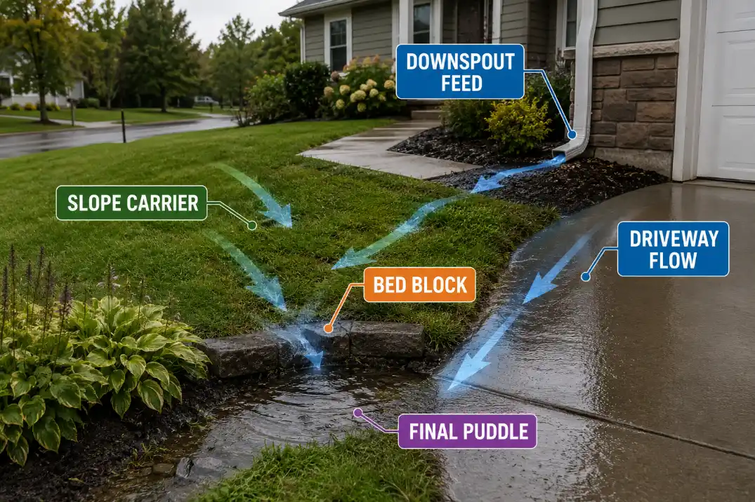 Front yard diagnosis map showing downspout and driveway water feeding a sloped lawn before collecting near a bed.