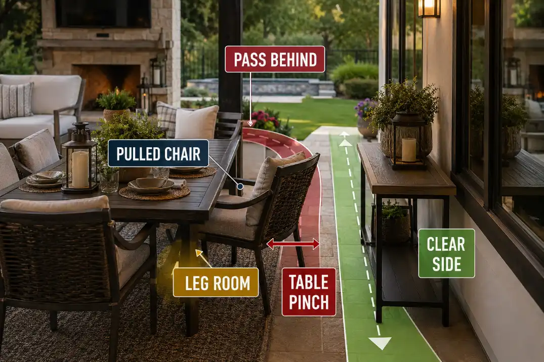 Patio seating map showing pulled-out chair space, pass-behind route, legroom, and table pinch point.
