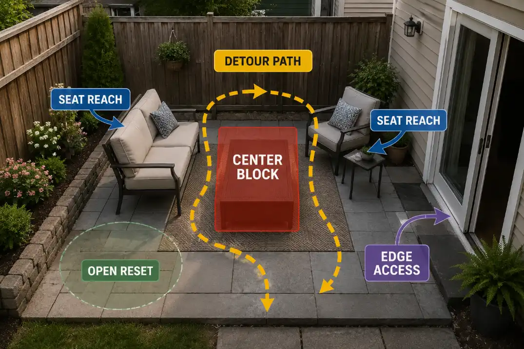 Small patio overlay showing a center object blocking movement and creating a detour path around seating.