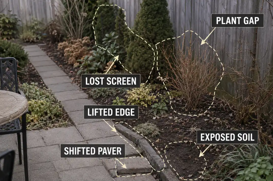 Small garden after winter showing plant gap, exposed soil, lifted edge, and shifted paver.