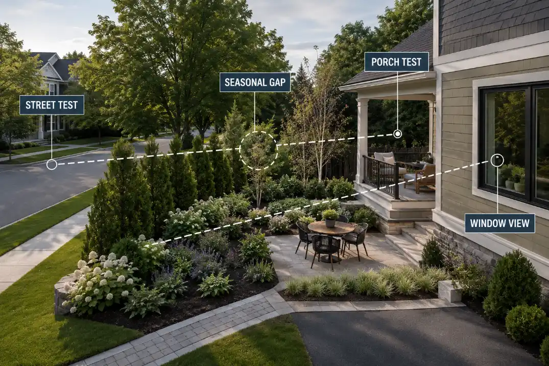 Suburban privacy buffer testing diagram showing porch, street, window, and seasonal gap viewpoints.