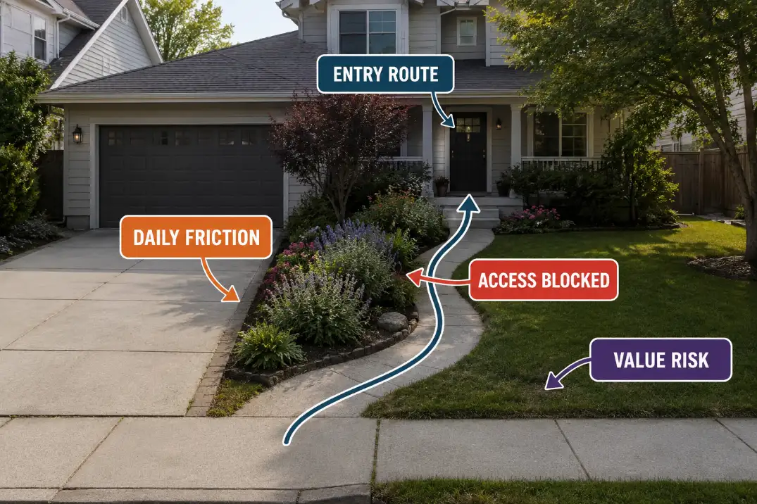 Front yard overlay showing awkward entry route, blocked access, and daily-use friction around the driveway and walkway.