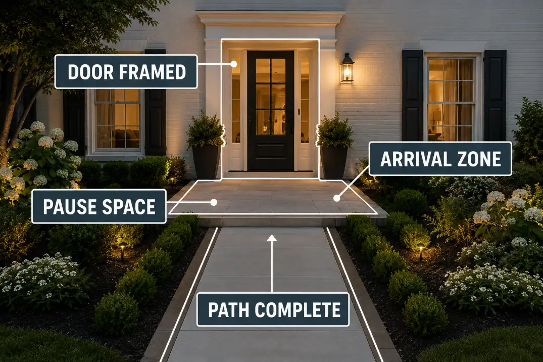 Front door walkway arrival zone showing pause space, framed door, and a complete path ending.