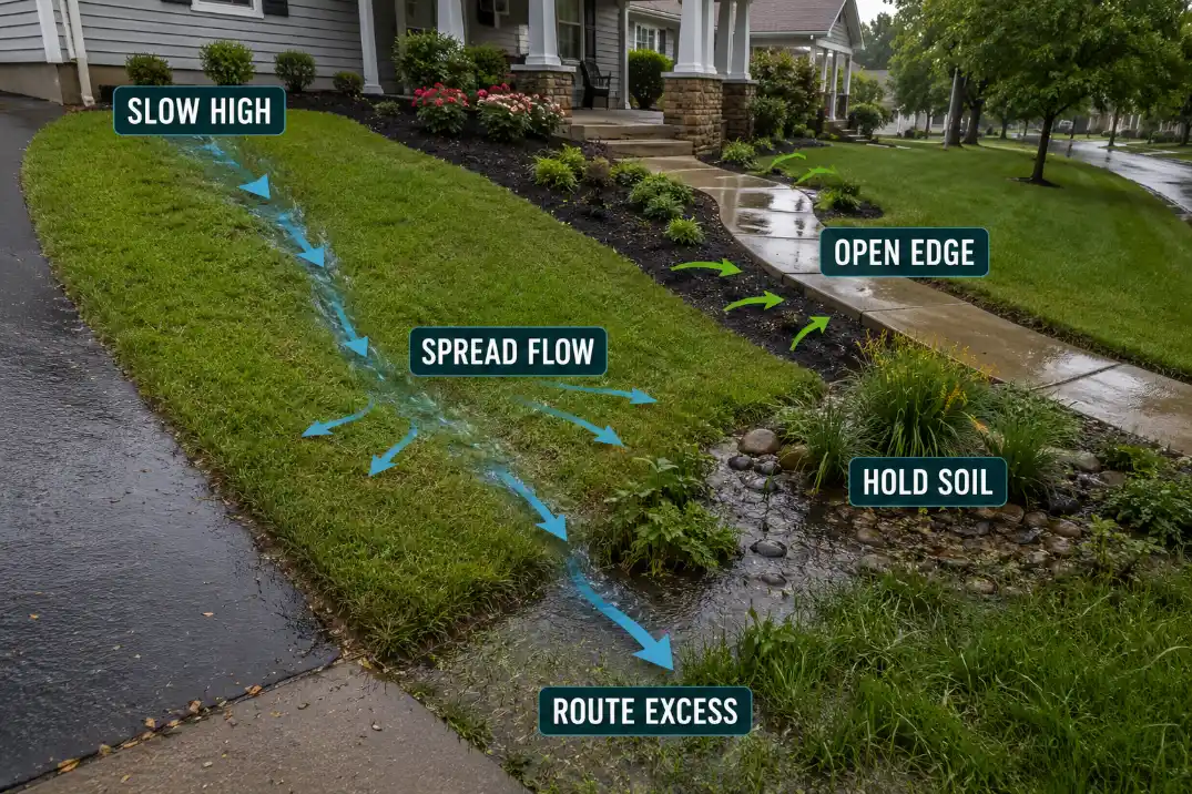 Sloped front yard drainage decision map showing where to slow, spread, open, hold, or route water.