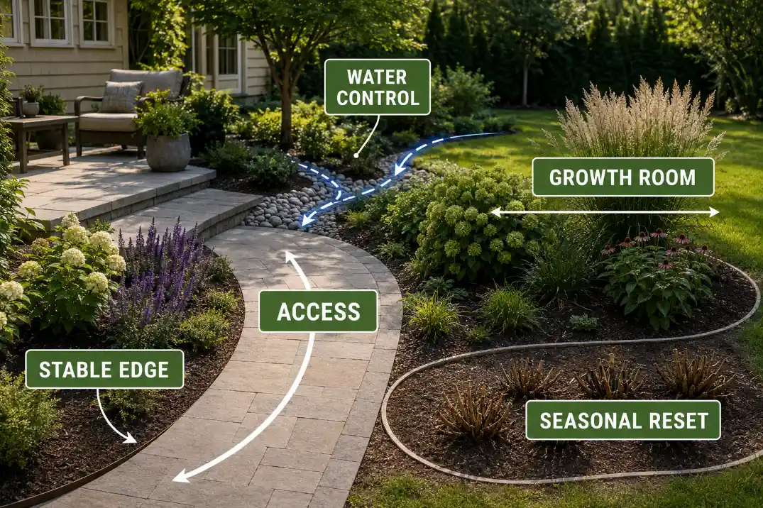 Low-maintenance garden system overlay showing access, water control, stable edges, growth room, and seasonal reset.