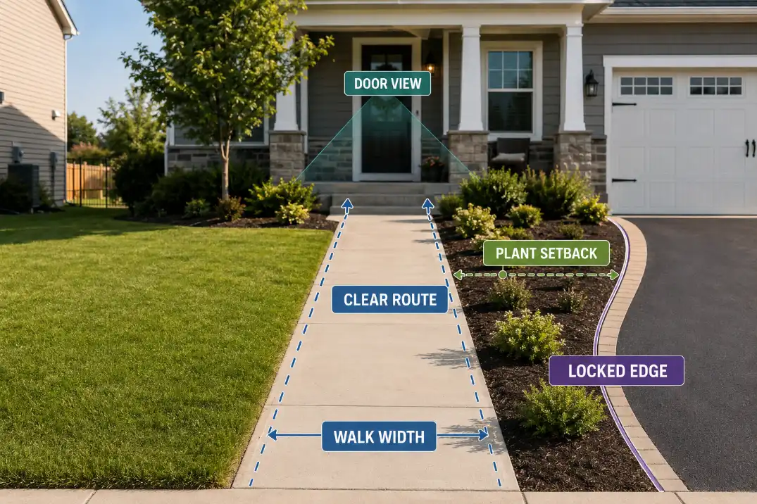 Front yard overlay showing clear entry route, locked bed edge, plant setback, door view, and walkway width.