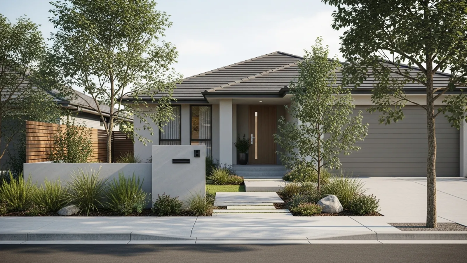Front yard design with a clear entrance path, balanced planting, and a calm, functional layout that creates a welcoming first impression.