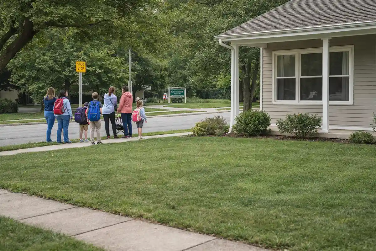 front yard of a suburban home exposed to pedestrians waiting at a school bus stop near a park across the street
