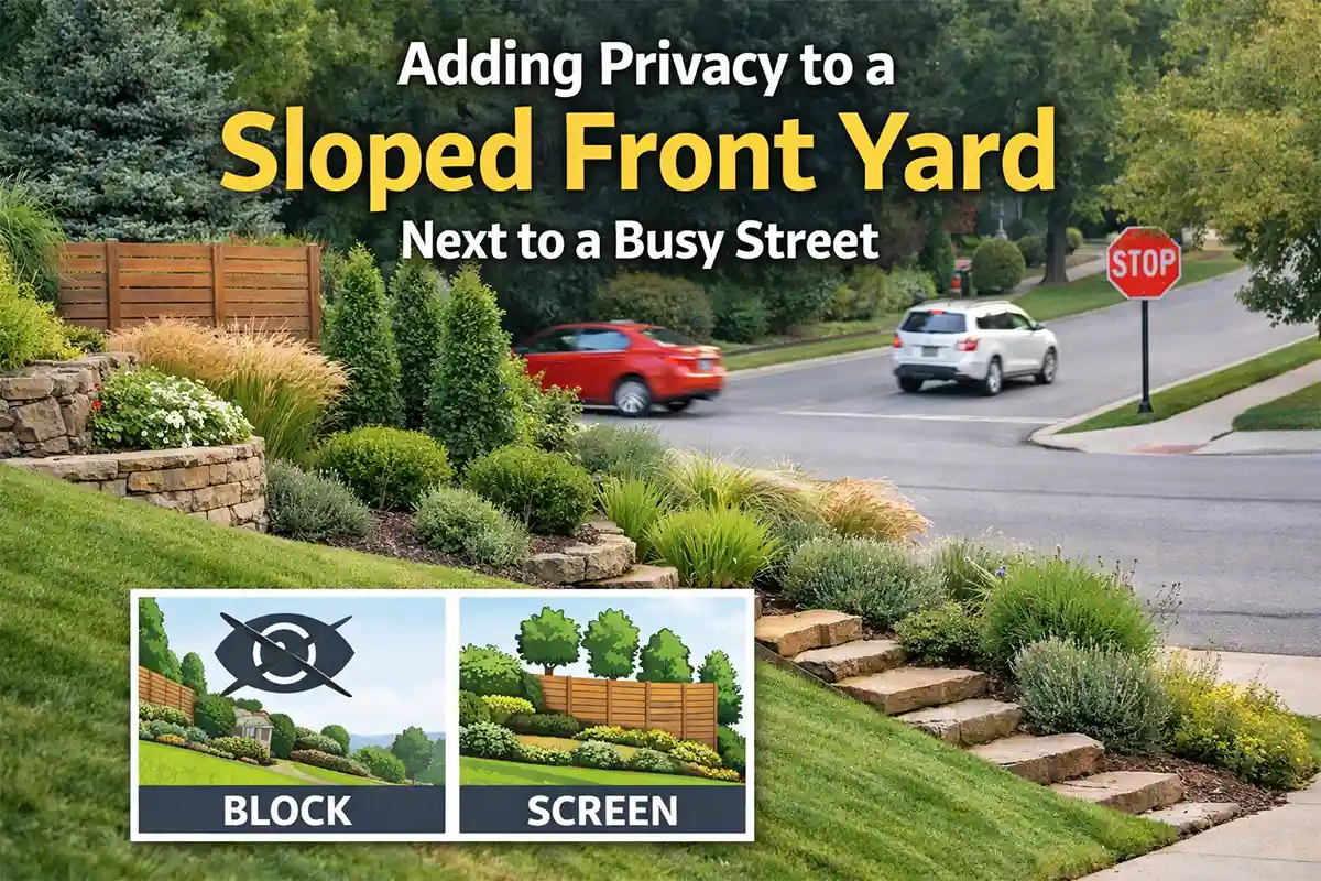 Sloped front yard landscaping with terraced plants and privacy screening next to a busy street to reduce visibility from passing traffic.