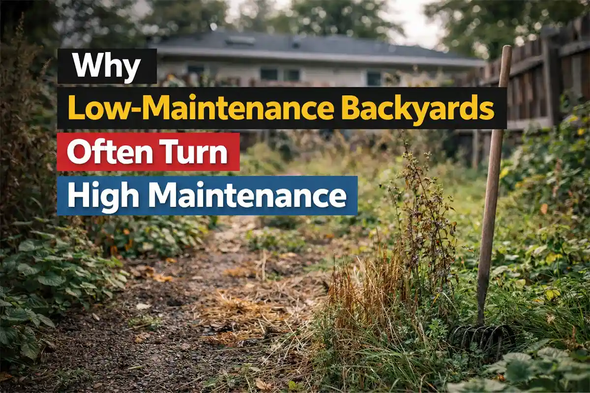 Low maintenance backyard with gravel and patio showing weeds and debris buildup.