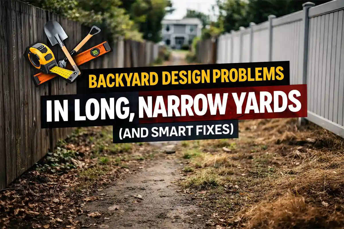 Long narrow backyard layout showing common landscape design problems in narrow residential yards