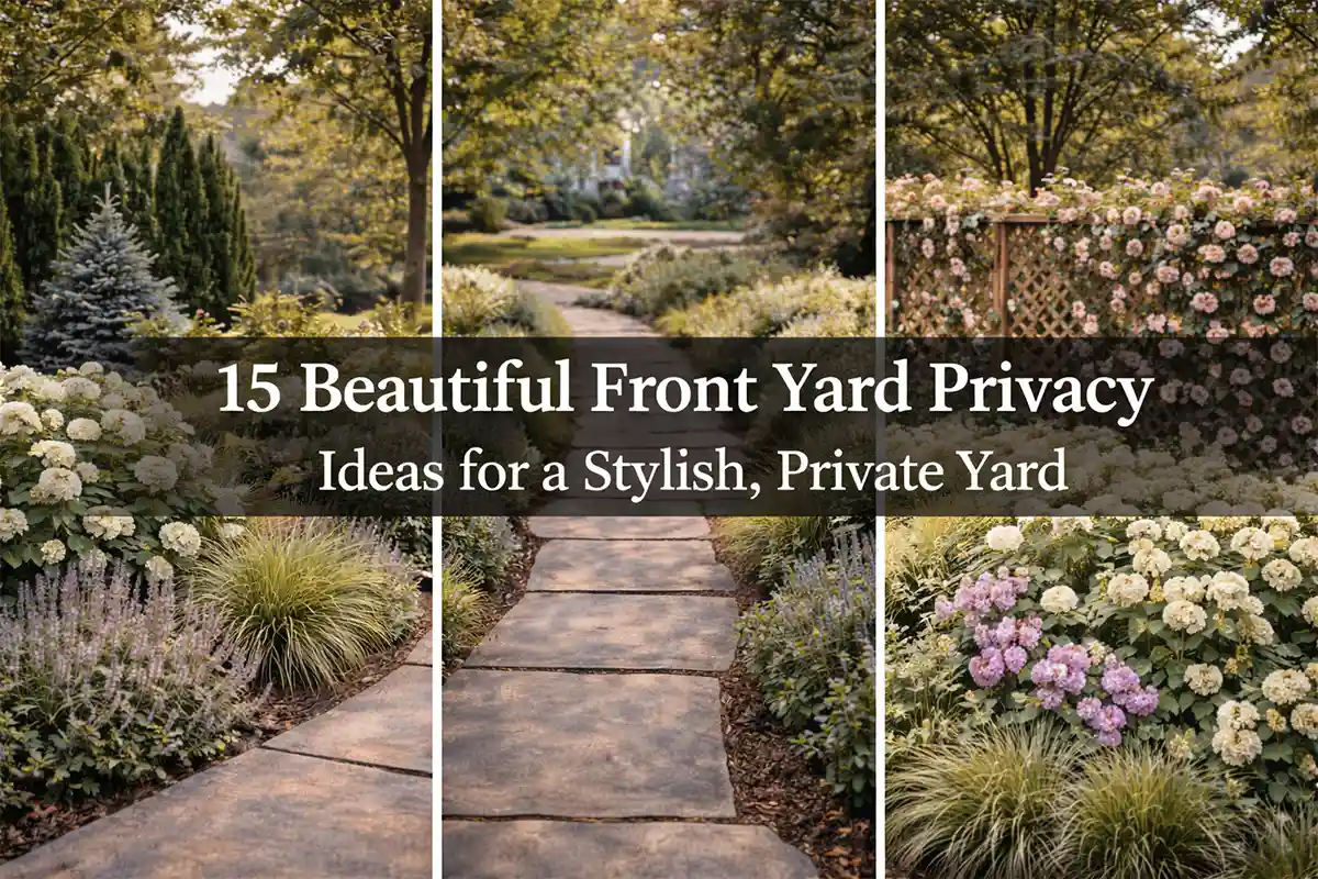 Front yard privacy landscaping ideas collage with hedges, fences, and garden screens for stylish curb appeal