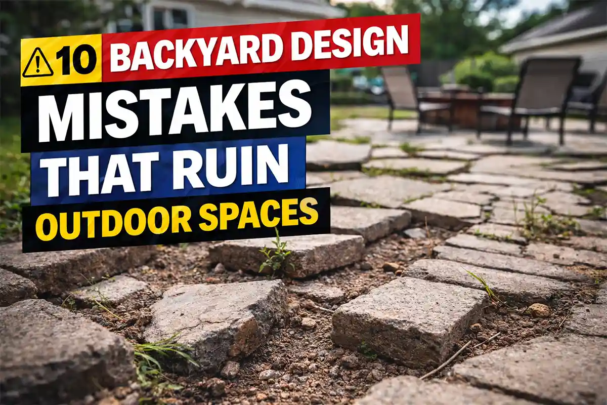 Backyard with common landscape design mistakes including poor patio layout, overcrowded furniture, and drainage issues.