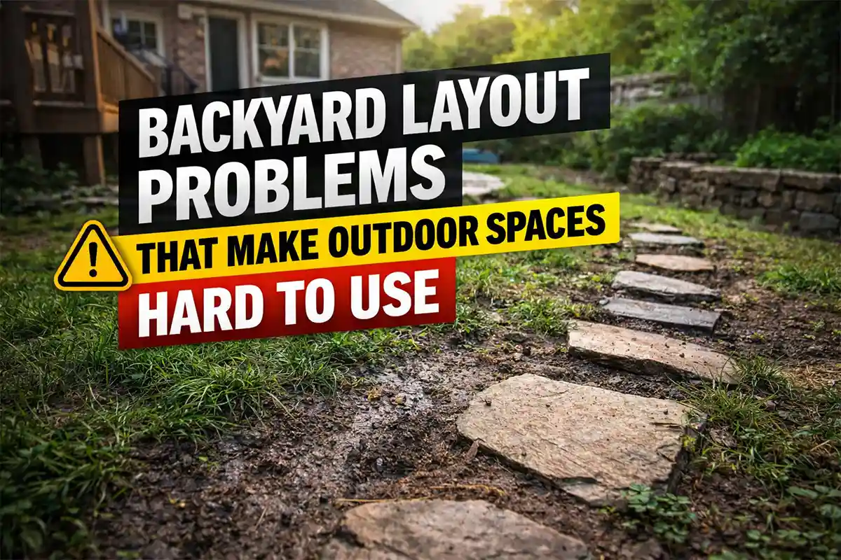 Backyard with poor layout design showing blocked pathways and crowded patio areas