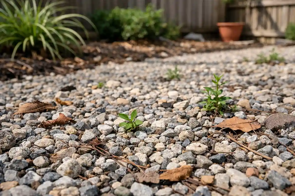 Weeds growing through decorative gravel landscape showing long-term maintenance issues.