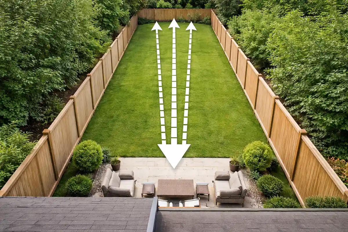 Diagram illustrating hallway effect in long narrow backyard design