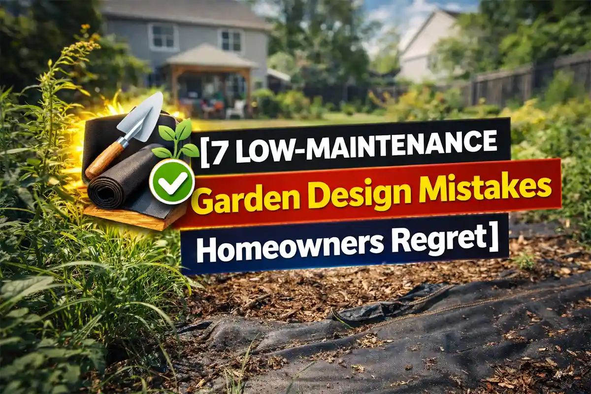 Backyard low-maintenance garden showing common landscaping mistakes like overcrowded plants and gravel weeds