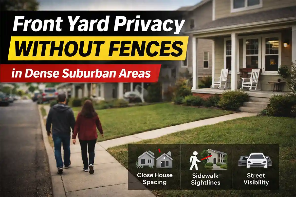 Front yard landscaping creating privacy in a dense suburban neighborhood without fences