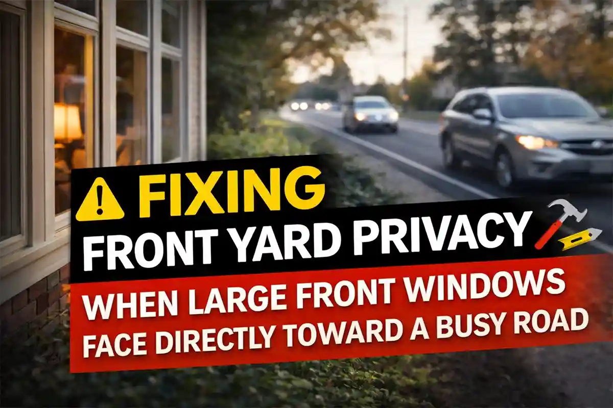 Front yard landscaping used to create privacy for large windows facing a busy road