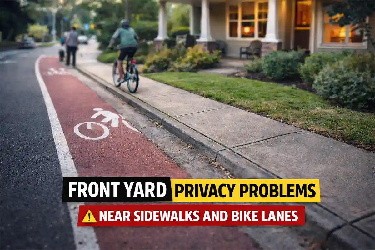 Suburban front yard exposed to pedestrian and bike lane traffic with limited privacy.