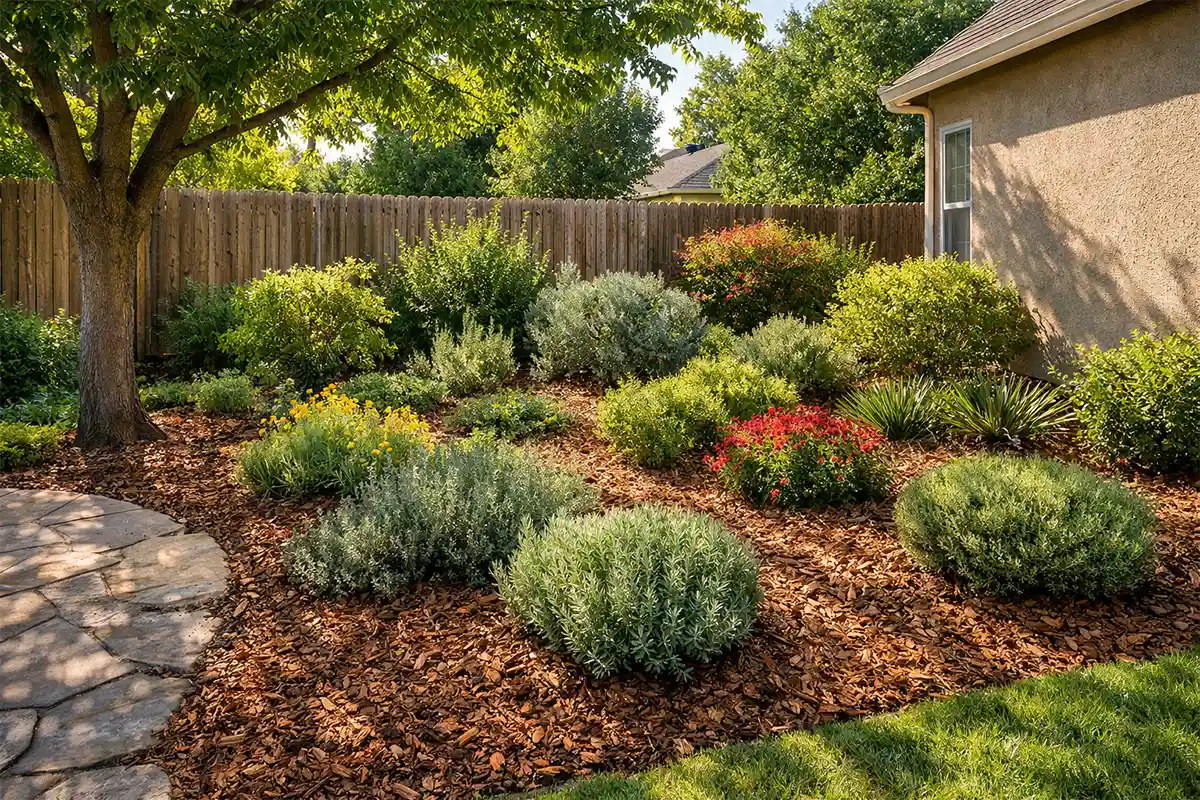 Small suburban backyard in a hot climate with layered drought-tolerant plants, partial tree shade, and thick organic mulch.