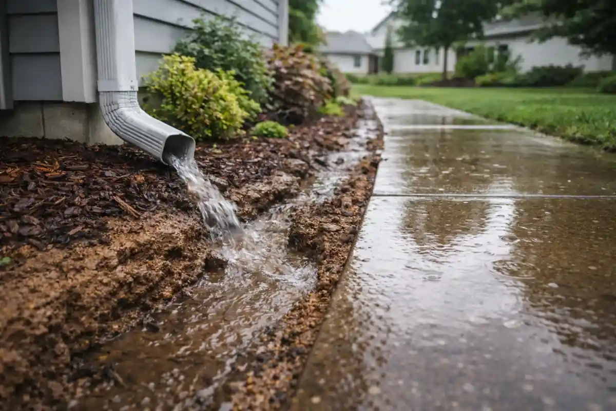 Downspout dumping rainwater beside a front yard walkway causing puddles and soil erosion.