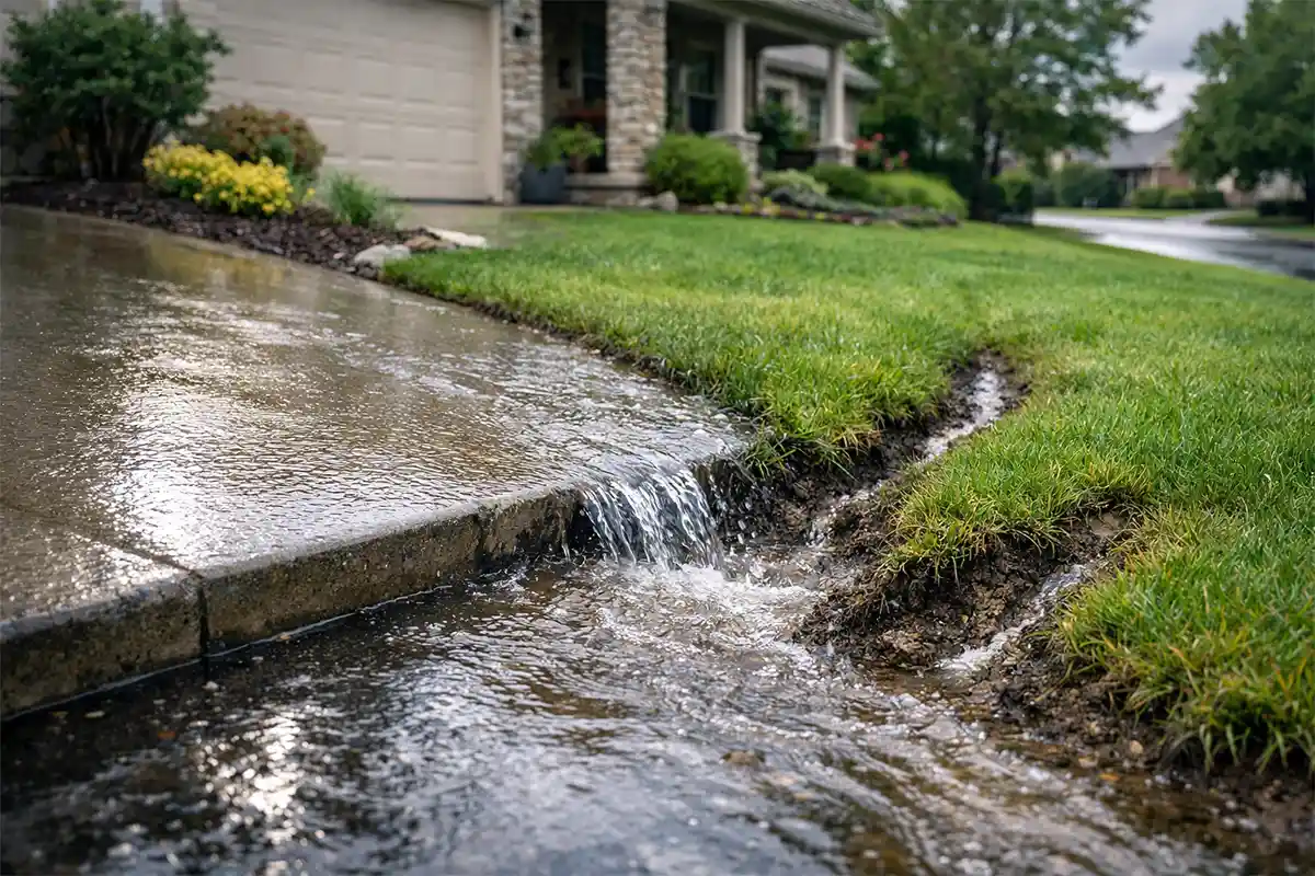 Driveway runoff flowing into a front yard lawn causing drainage and erosion problems.